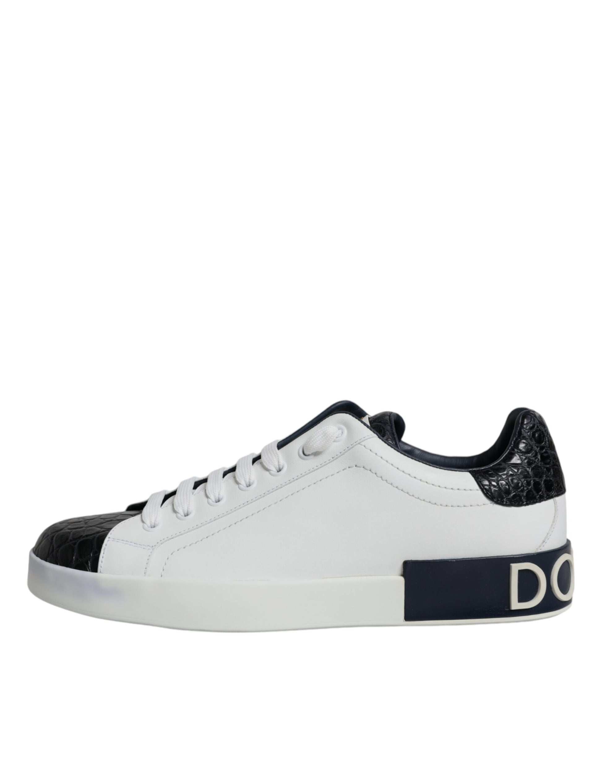 White sneaker with black laces and a logo on the side