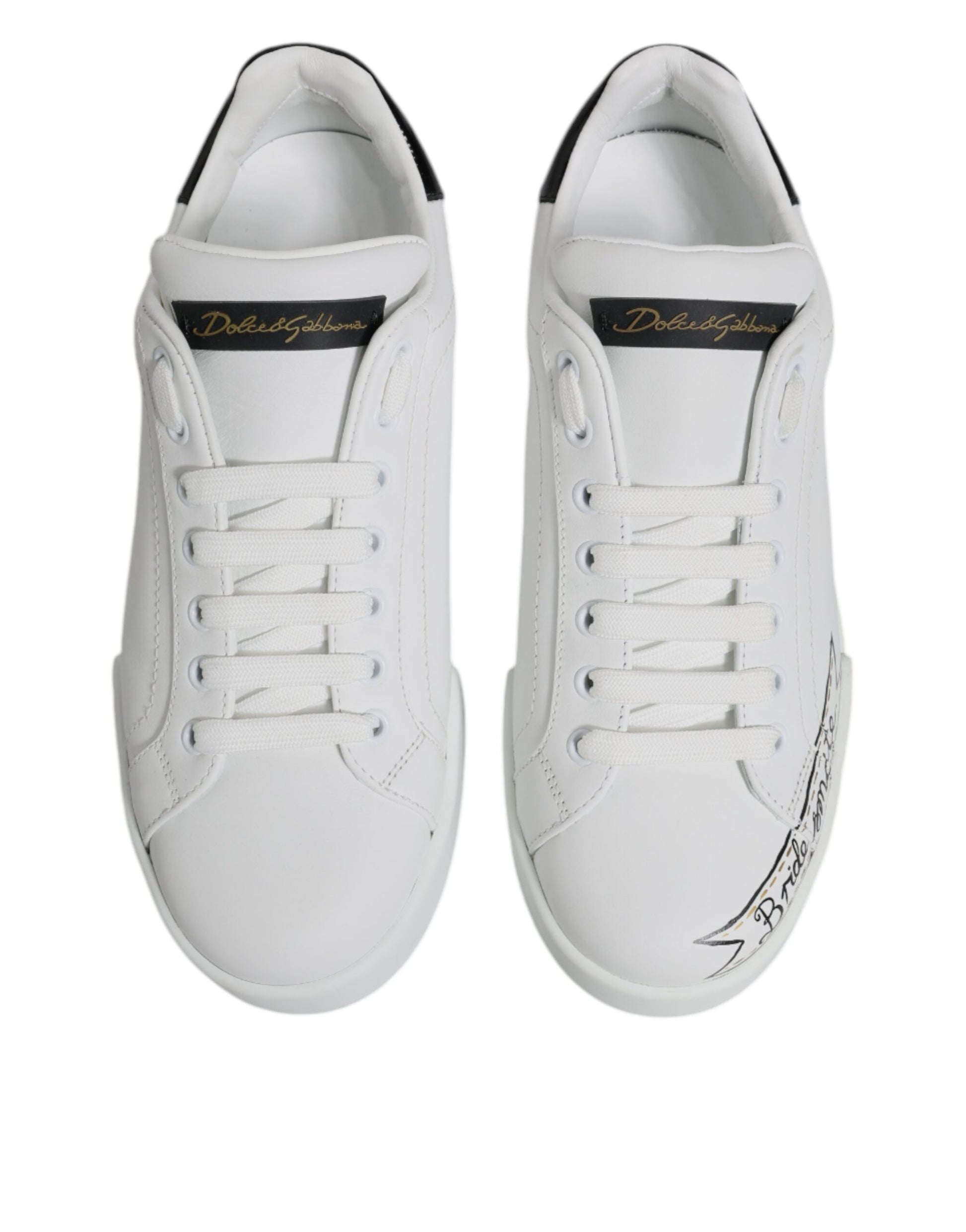 White sneakers with black laces and a logo on the side