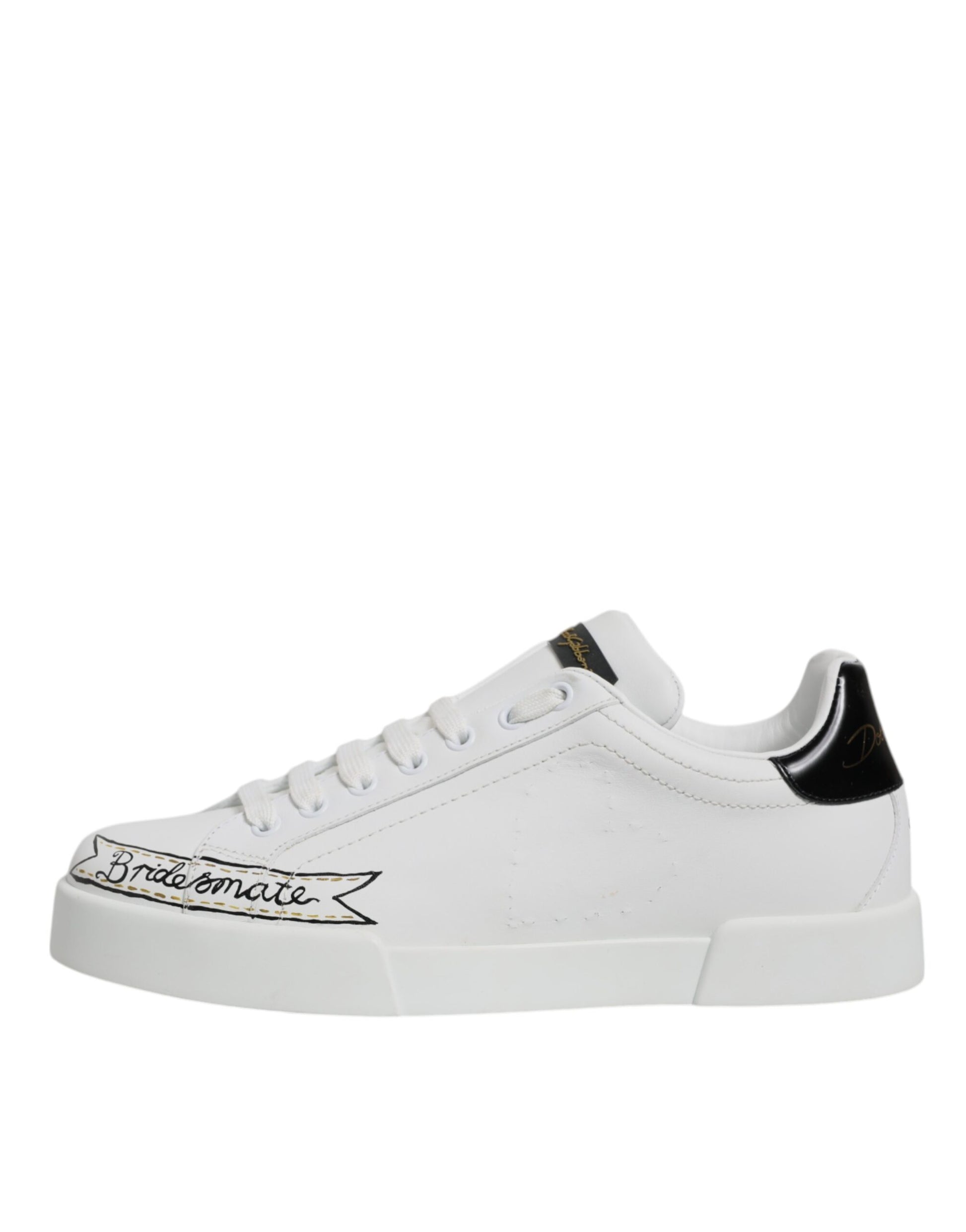 White sneaker with black laces and a logo on the side