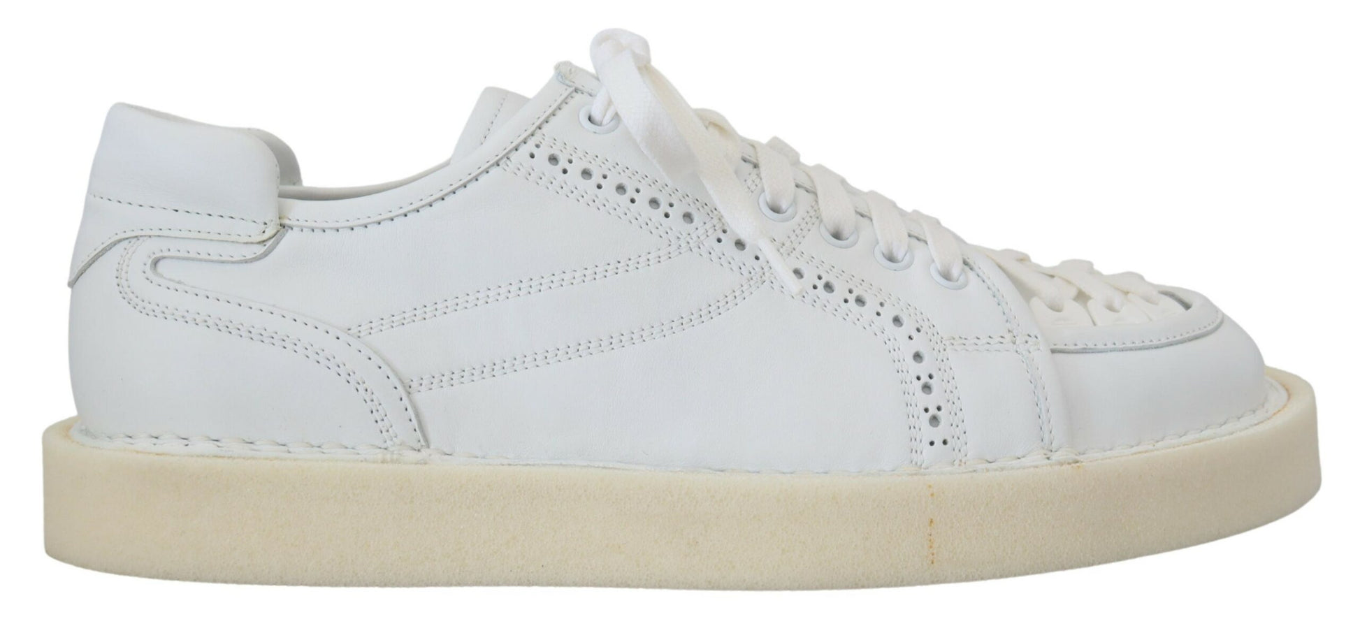 White sneakers with white laces and a small logo on the side