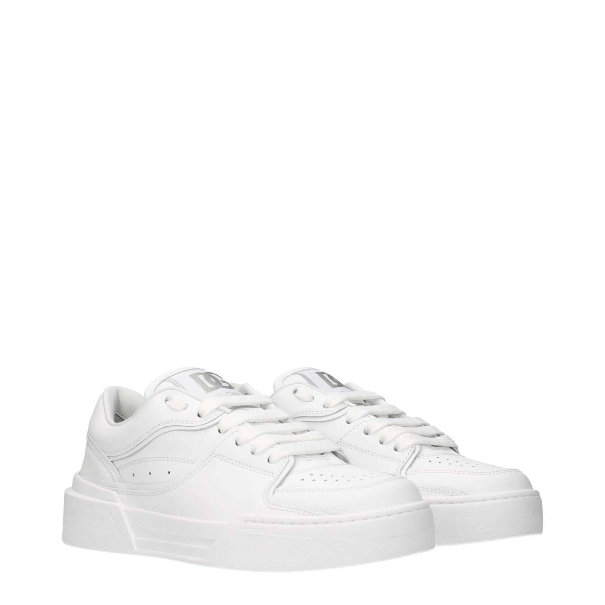 White leather low top sneakers with laces, featuring a chunky sole and brand logo on side