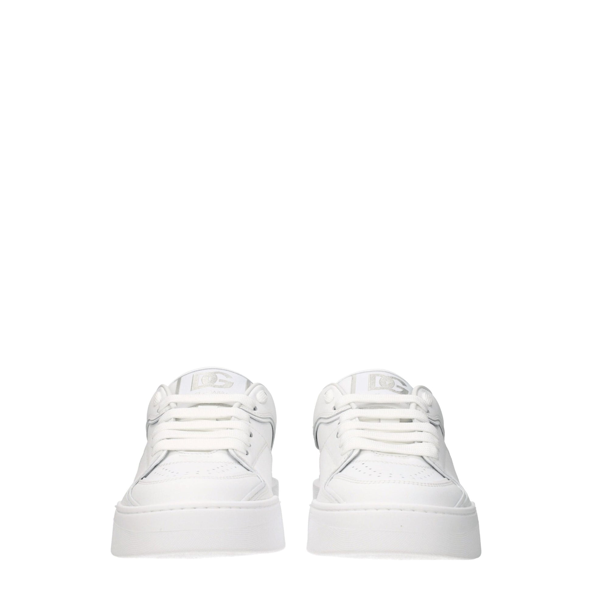 Pair of white leather low top sneakers with silver laces and logo on side