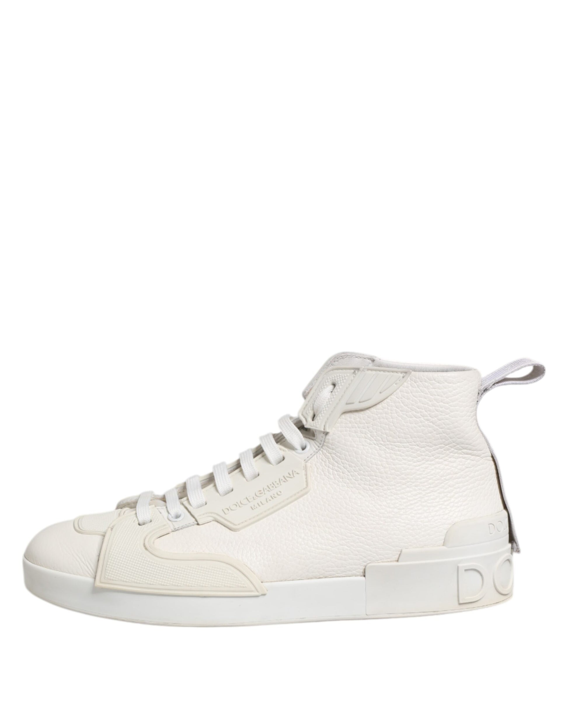 A pair of white leather mid top sneakers with a lace-up front, featuring the Dolce & Gabbana logo on the side