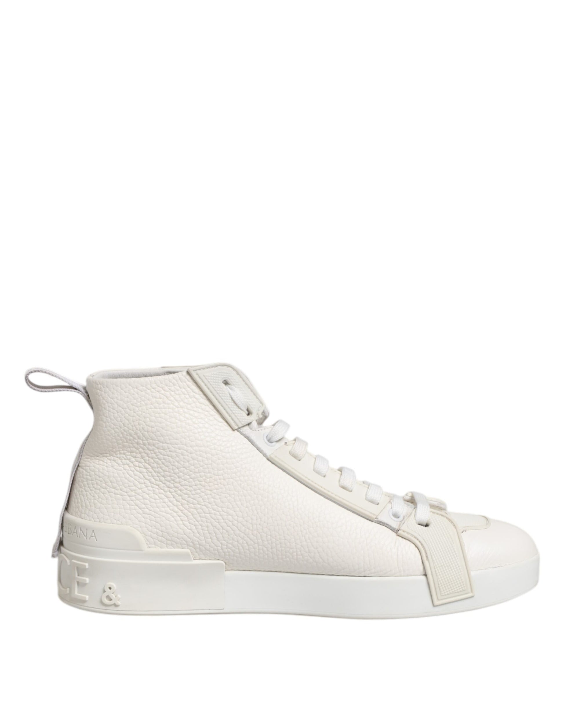 White leather mid top sneakers with laces, featuring a textured design on the upper and a small logo on the side