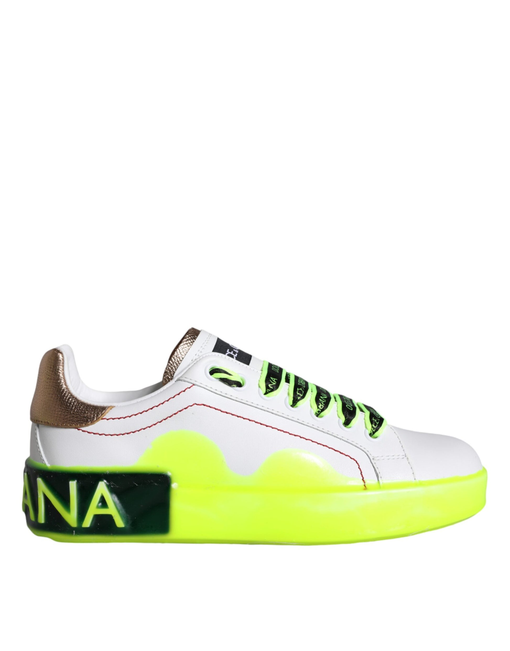 A single sneaker with a white base color and yellow accents on the sole. There is a prominent logo on the side of the sho