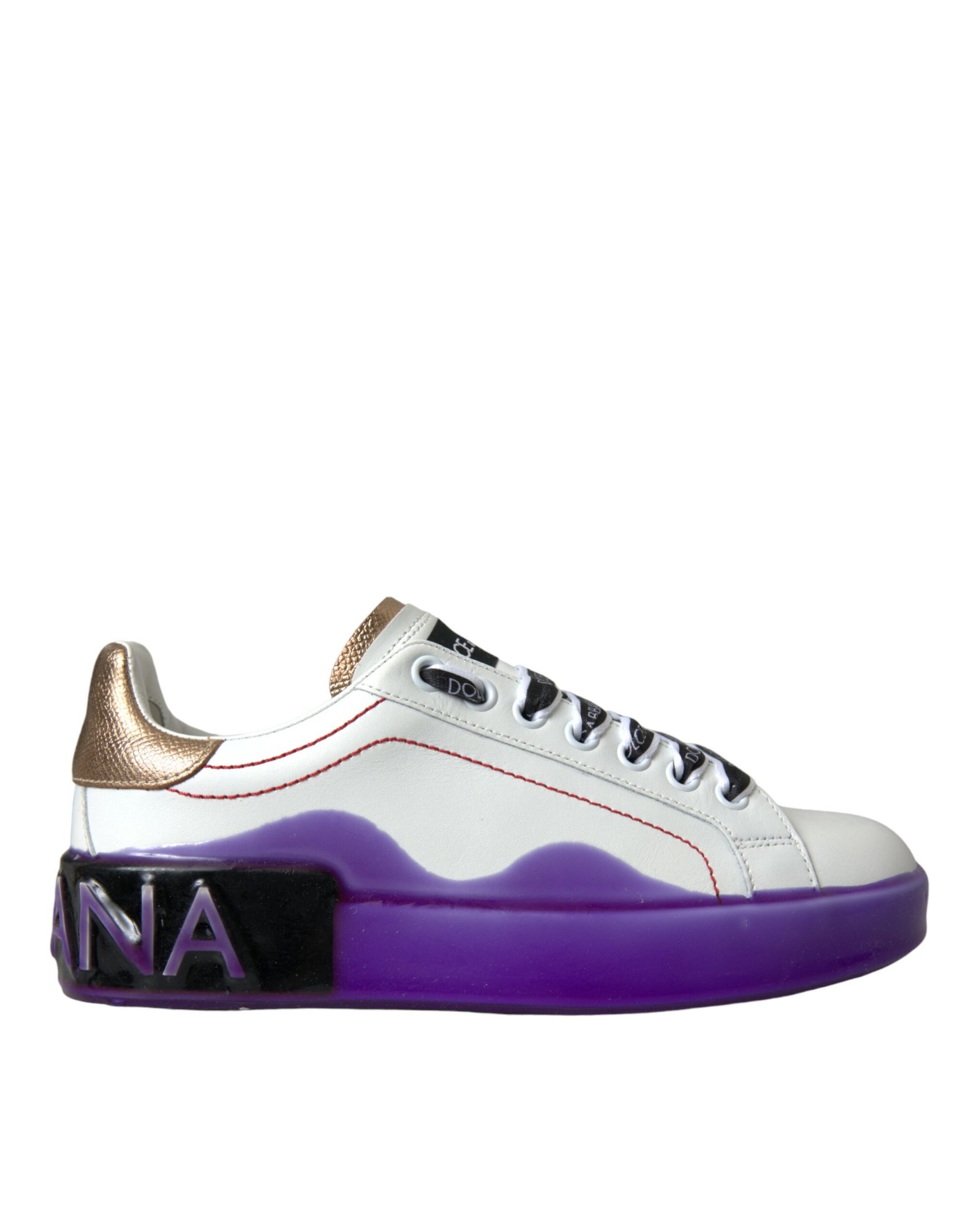 Purple and white sneaker with gold accents
