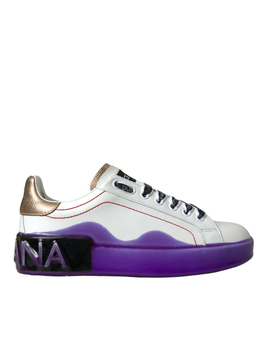 Purple and white sneaker with gold accents