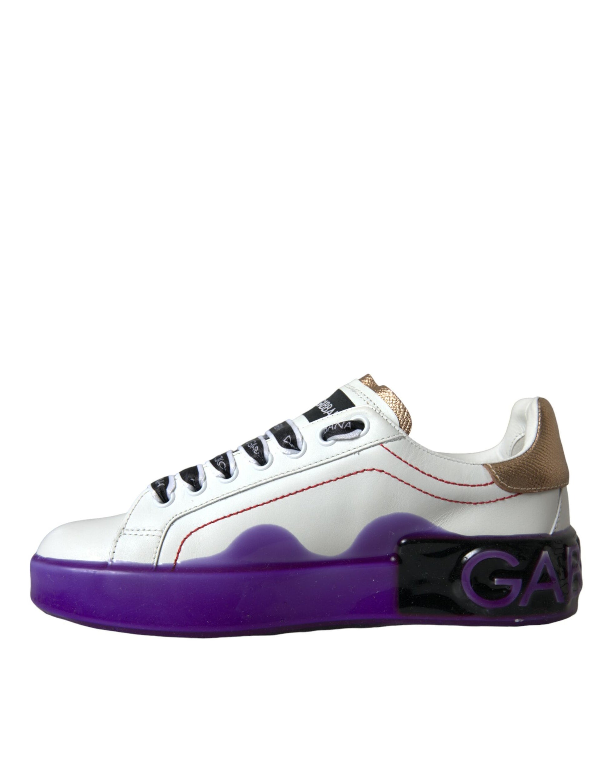 White and purple sneaker with gold accents
