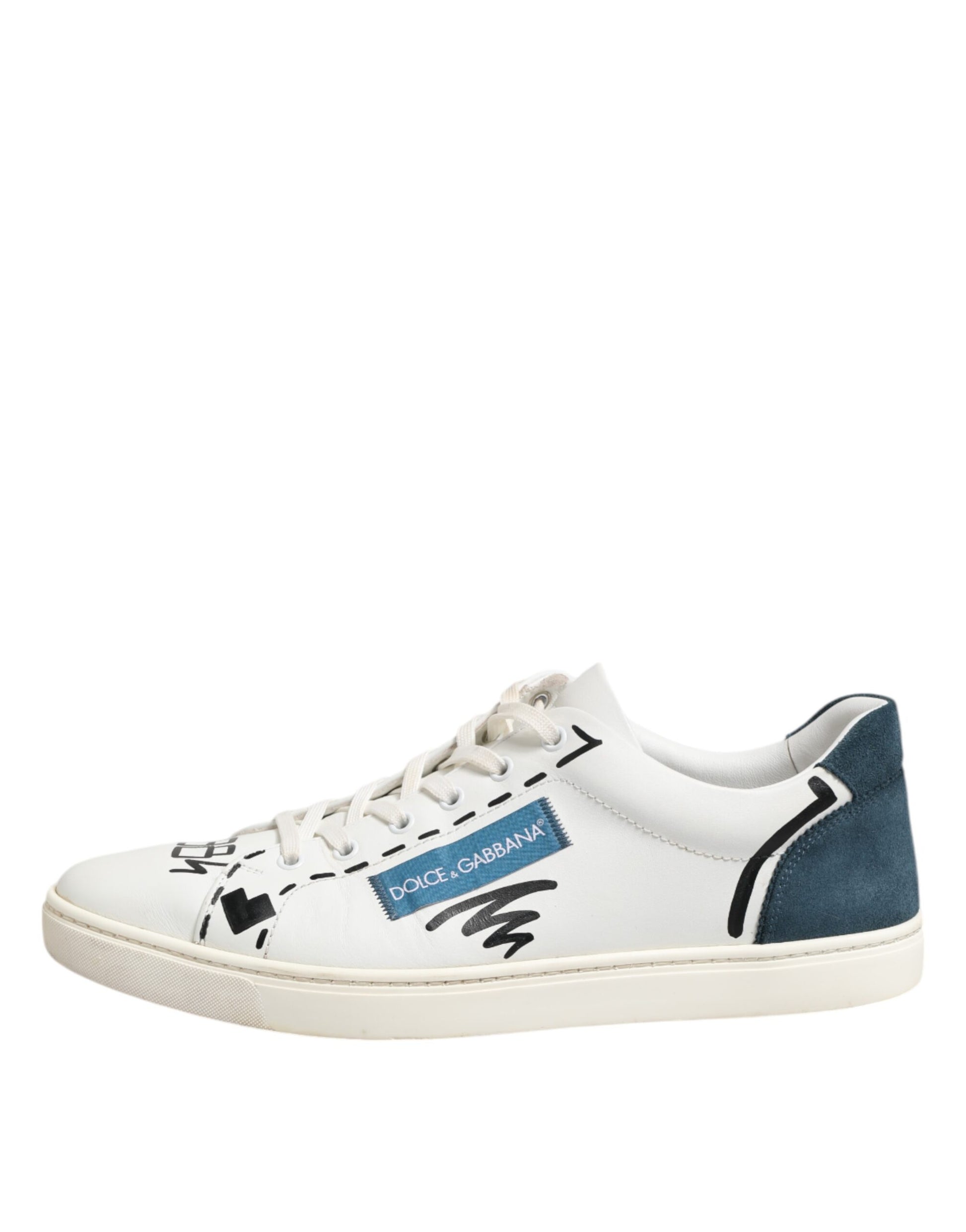 White sneaker with blue accents and a black logo on the side