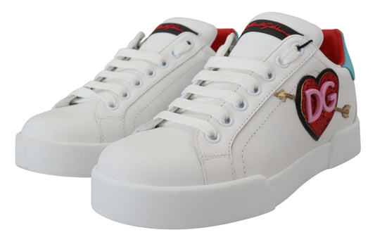 White leather sneakers with D&G logo and heart design on side
