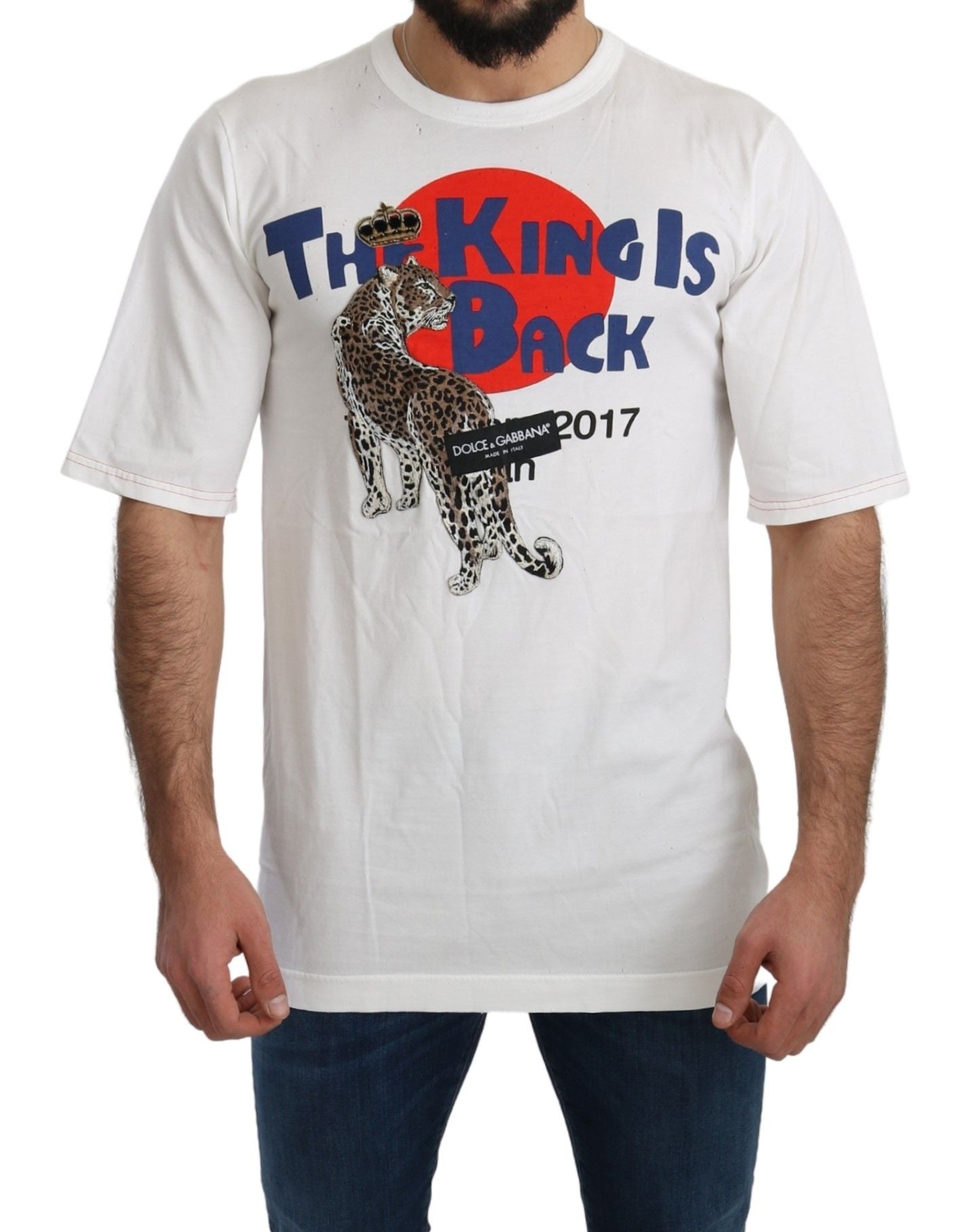 White t-shirt with graphic design featuring a cheetah and text