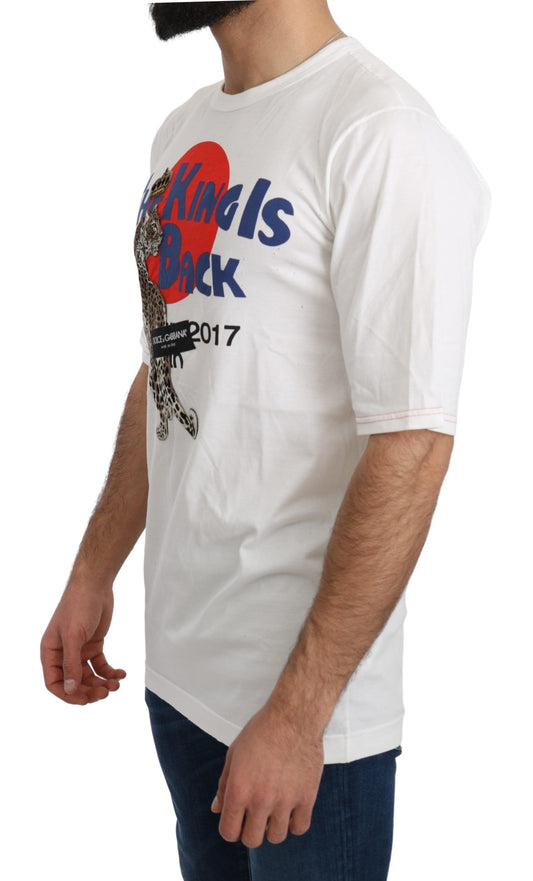 Man wearing white t-shirt with graphic design on front