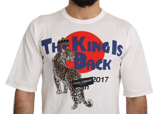 White t-shirt with graphic design featuring a leopard and text