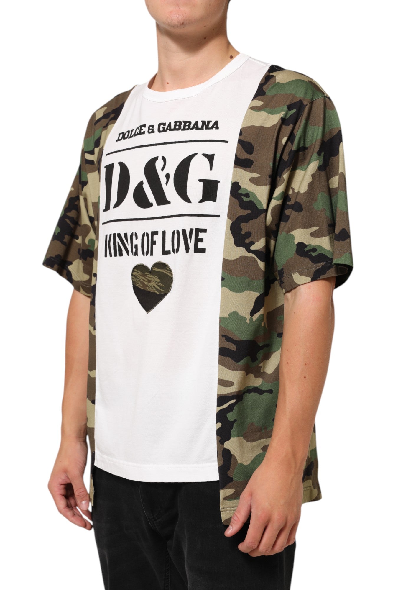 Camouflage print shirt with white graphic design on front