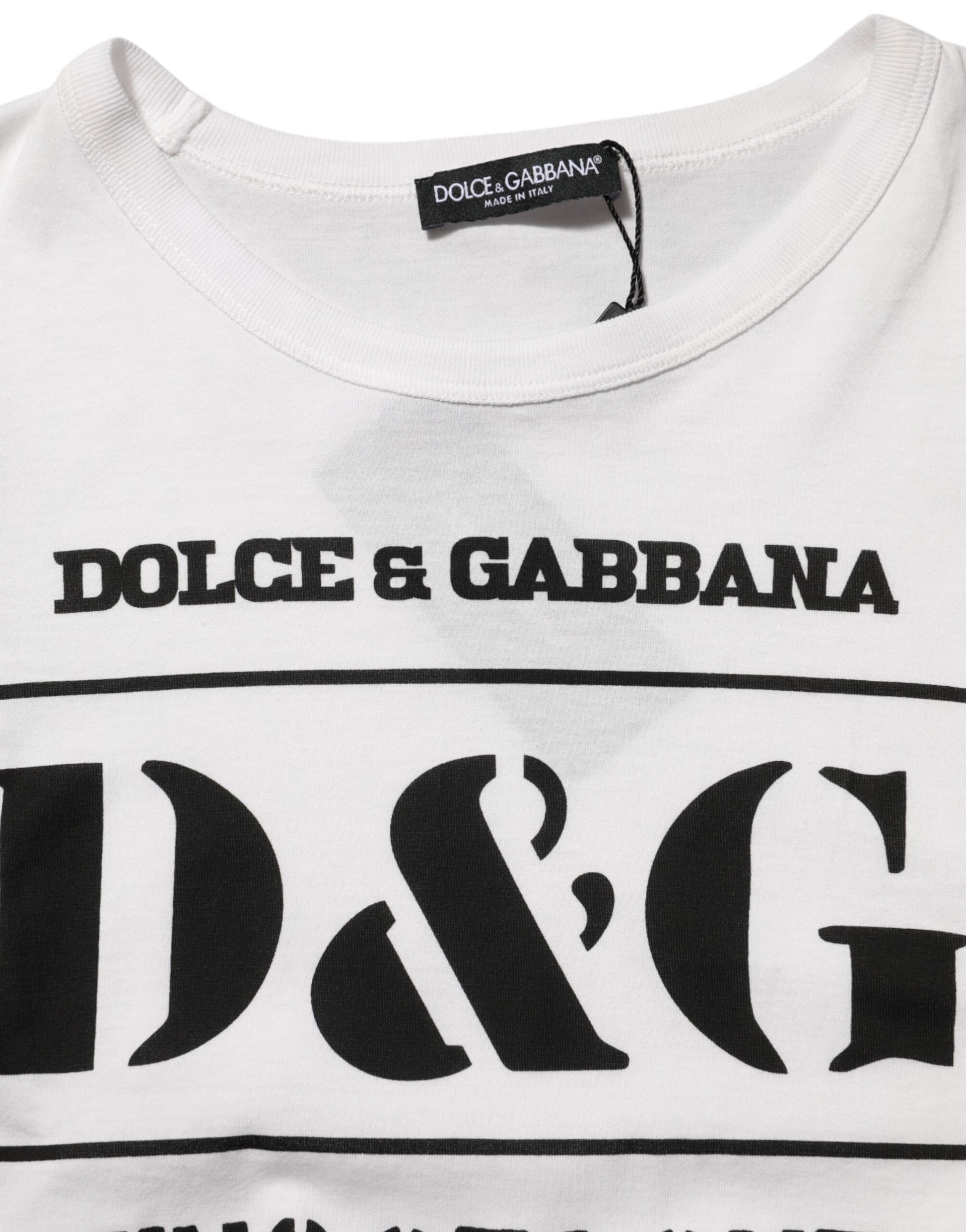 White t-shirt with black lettering featuring brand names