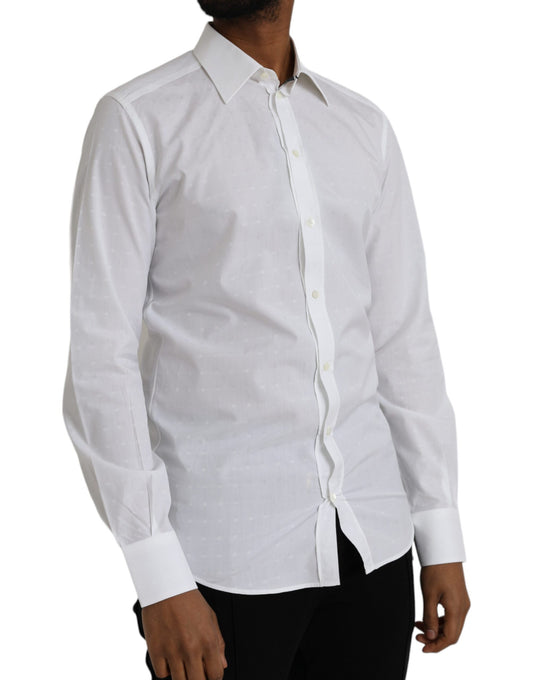 A long-sleeved men's dress shirt with a white base and gold logo