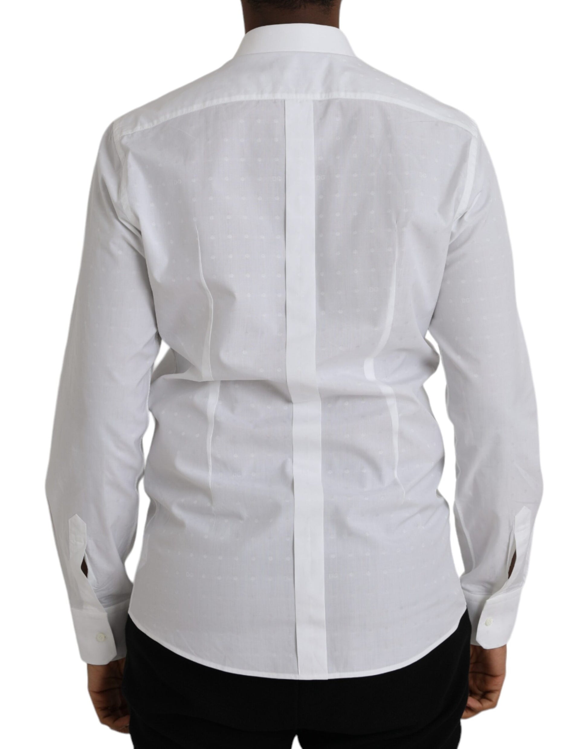 A white cotton dress shirt with a gold logo on the back, designed by Dolce & Gabbana