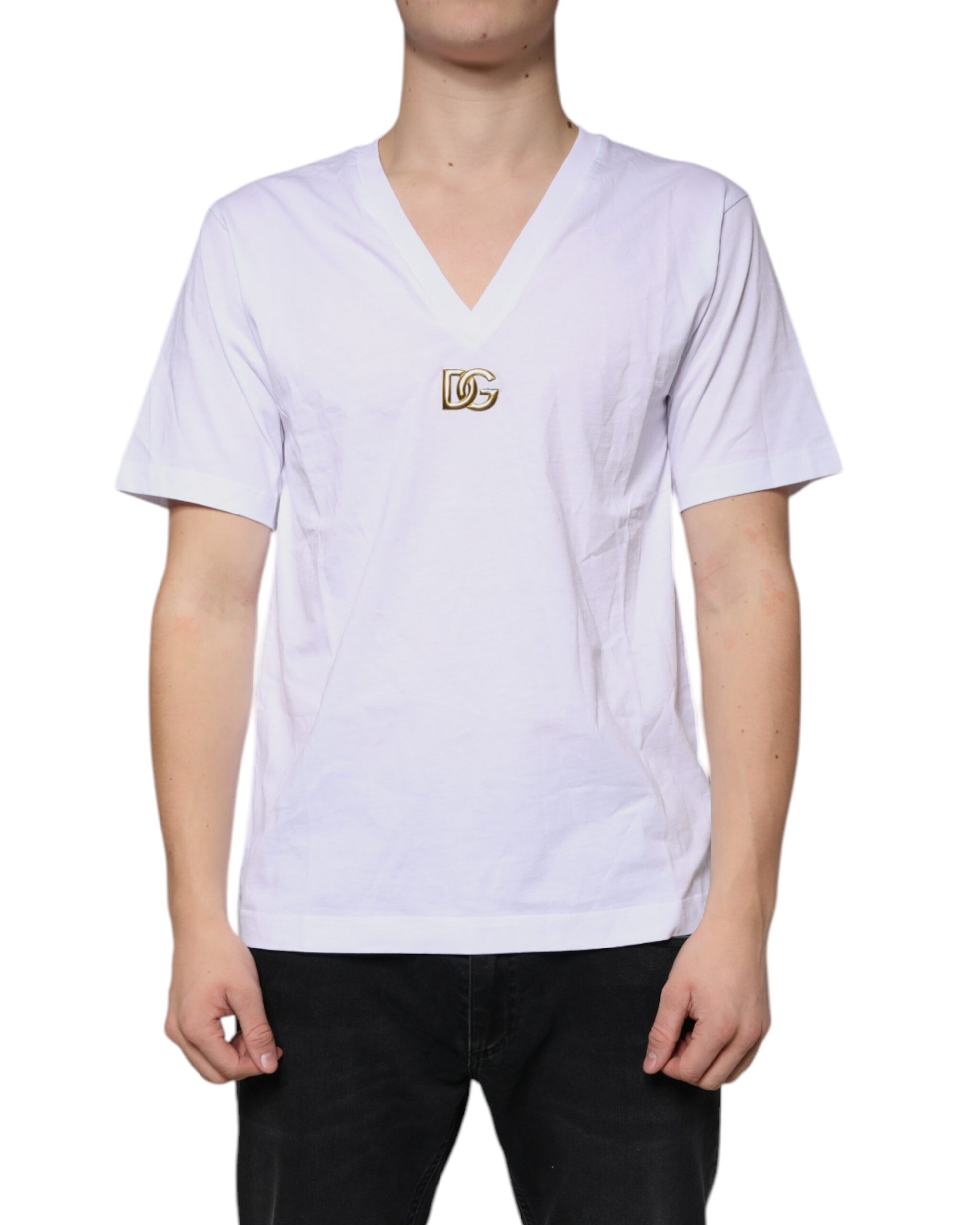 White v-neck t-shirt with a gold logo on the chest
