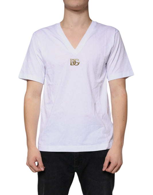 White v-neck t-shirt with gold logo on front