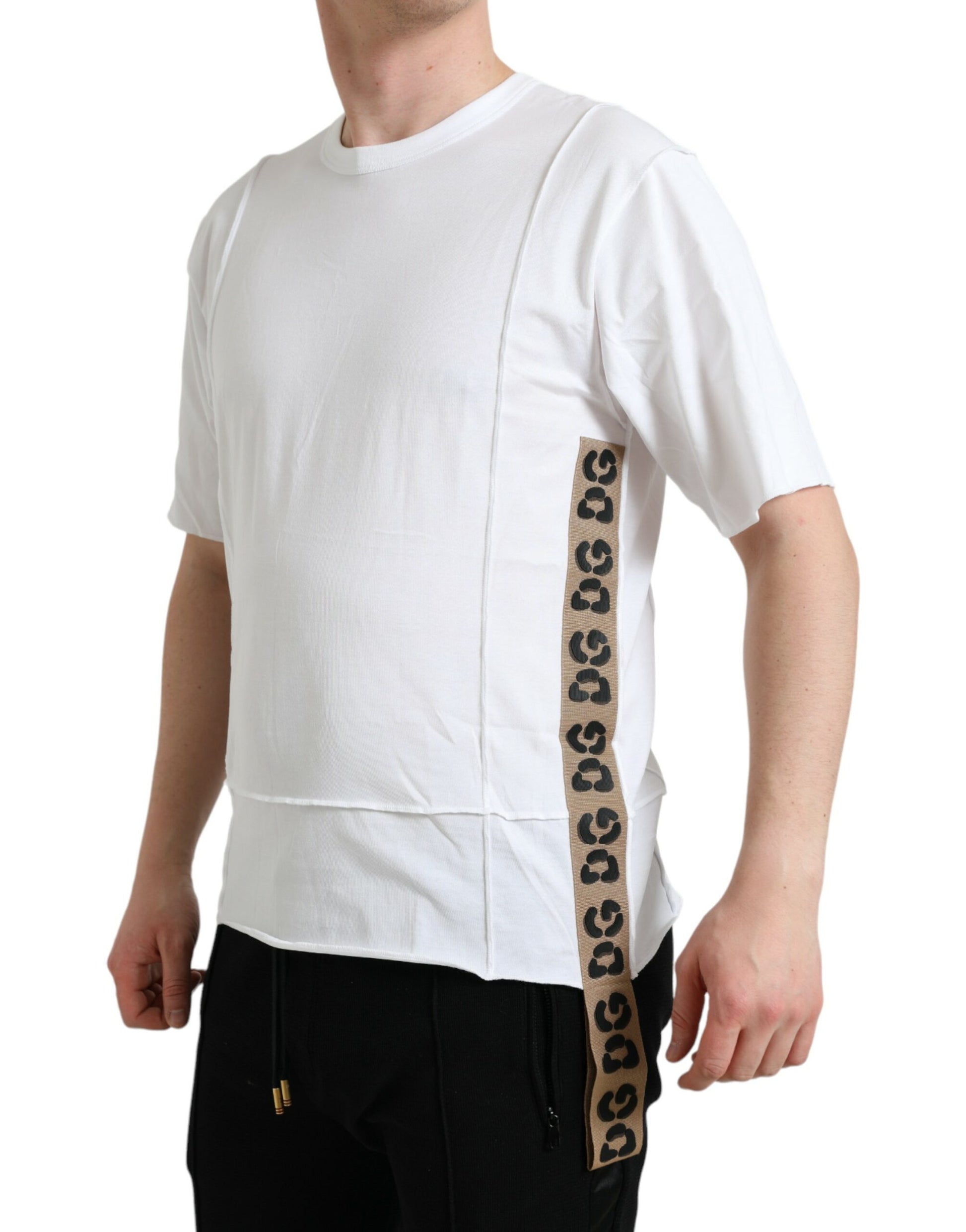 White t-shirt with black and tan patterned sleeve