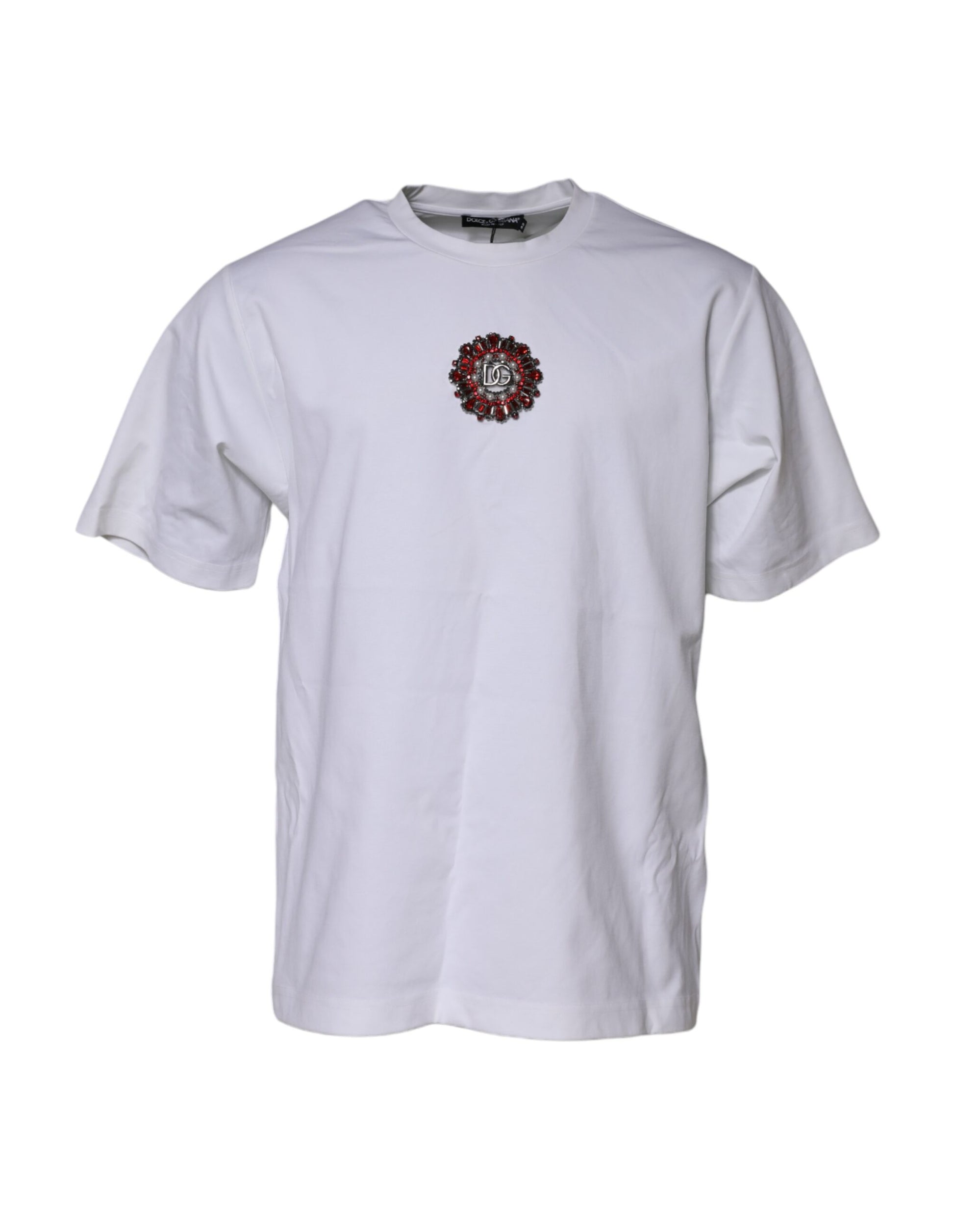 White t-shirt with red logo on front