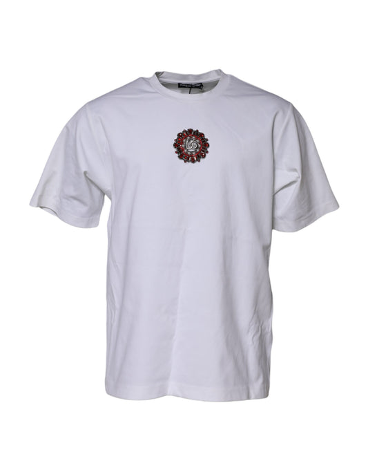 White t-shirt with red logo on front