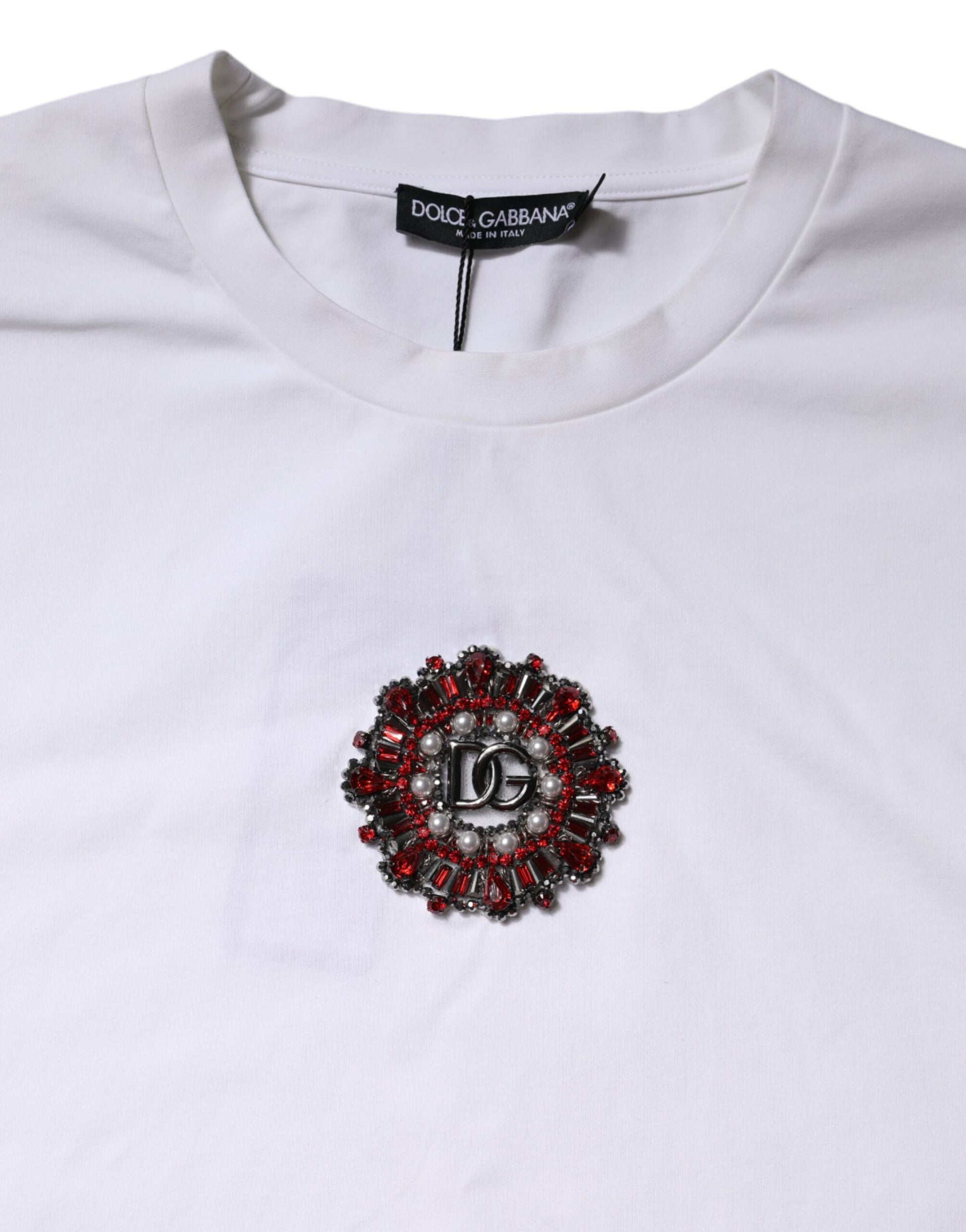 White t-shirt with red embroidery on chest