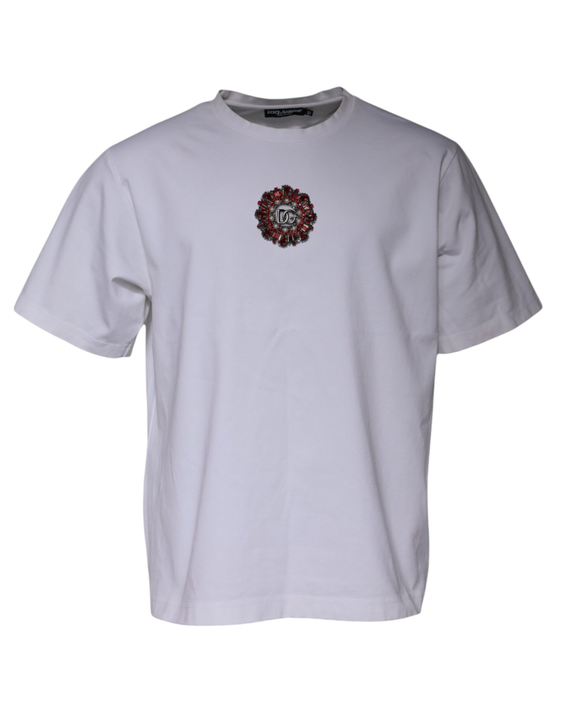 White short sleeved t-shirt with a red embroidered design on front
