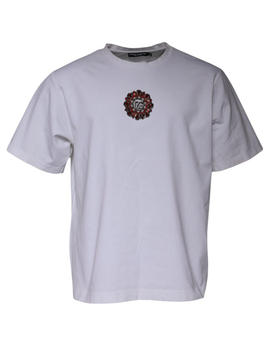 White t-shirt with red embroidery on front