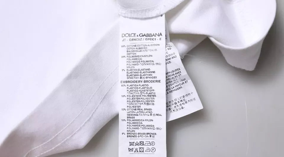 White tag on fabric with black text
