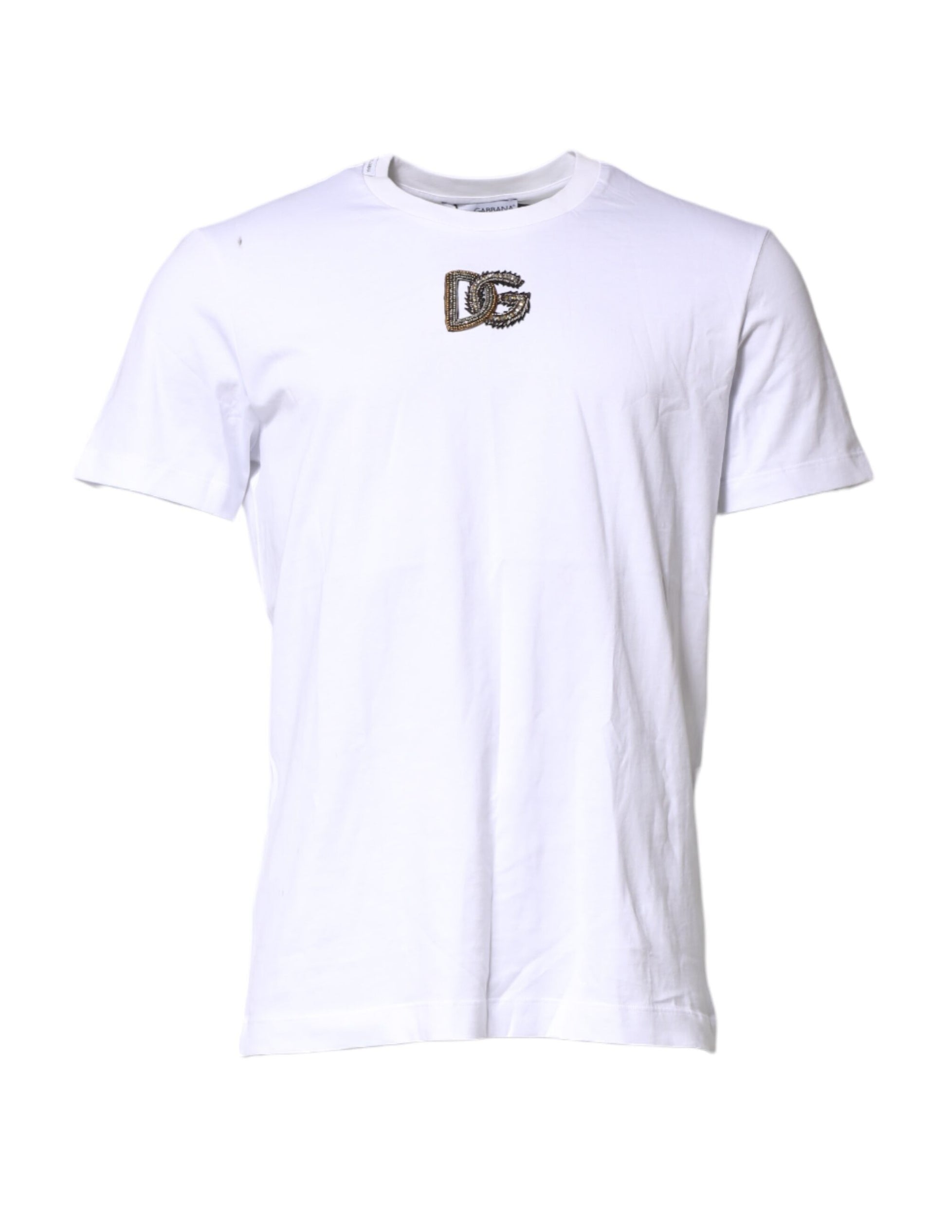 White t-shirt with a logo on the front