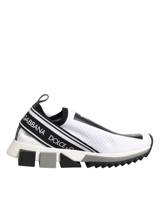 White sneaker with black stripes and logo on side