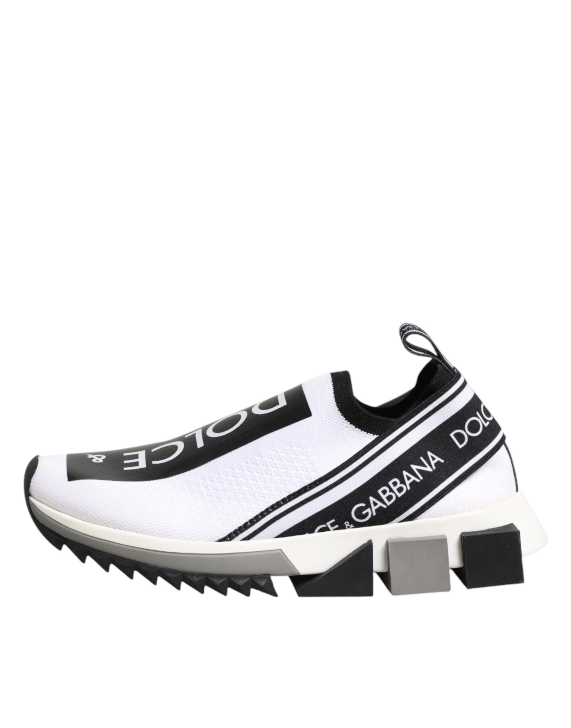 White sneaker with black stripes and logo on side