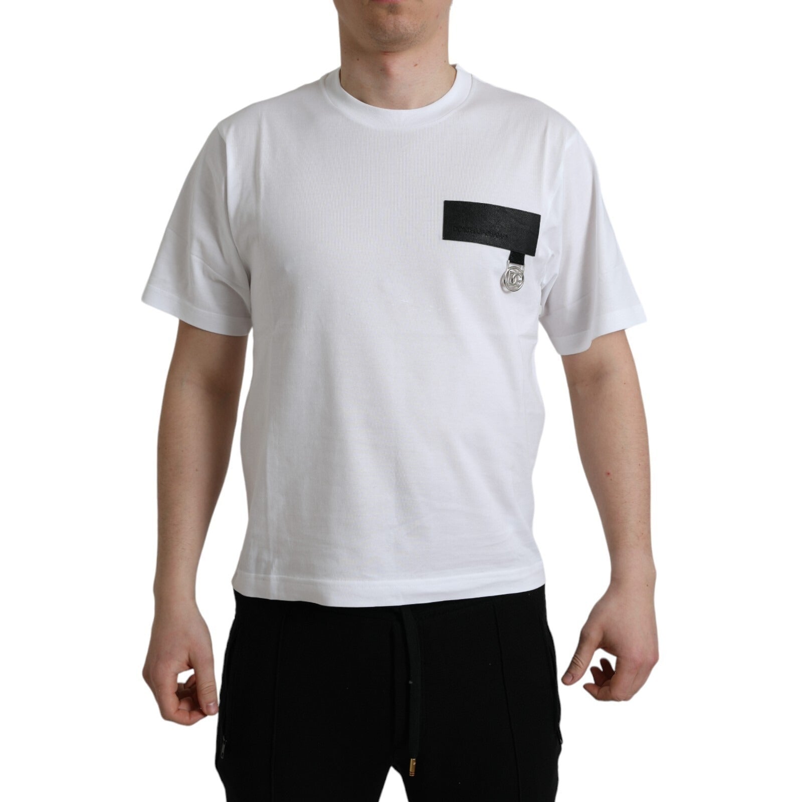 White t-shirt with black pocket on front
