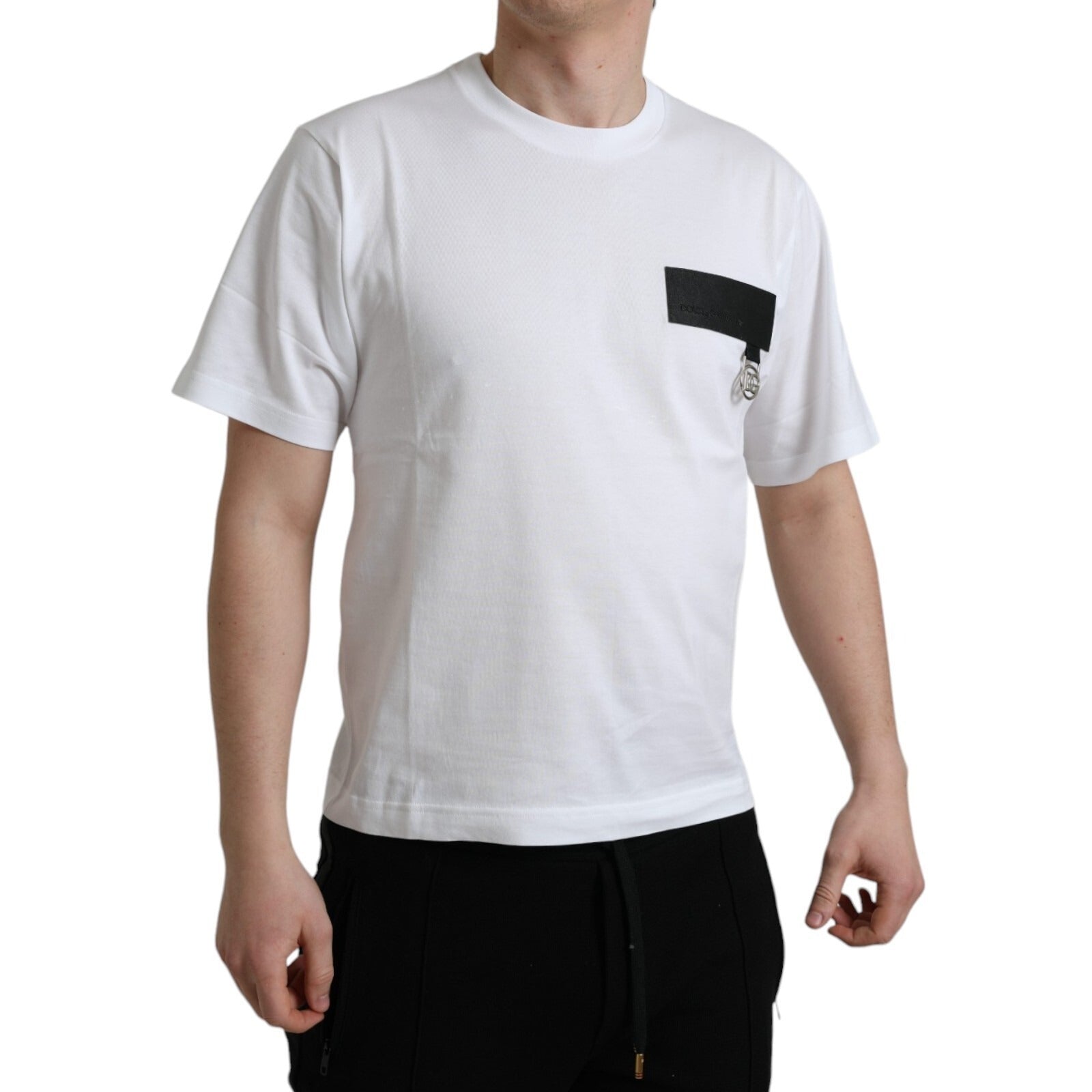 White t-shirt with small black pocket on front