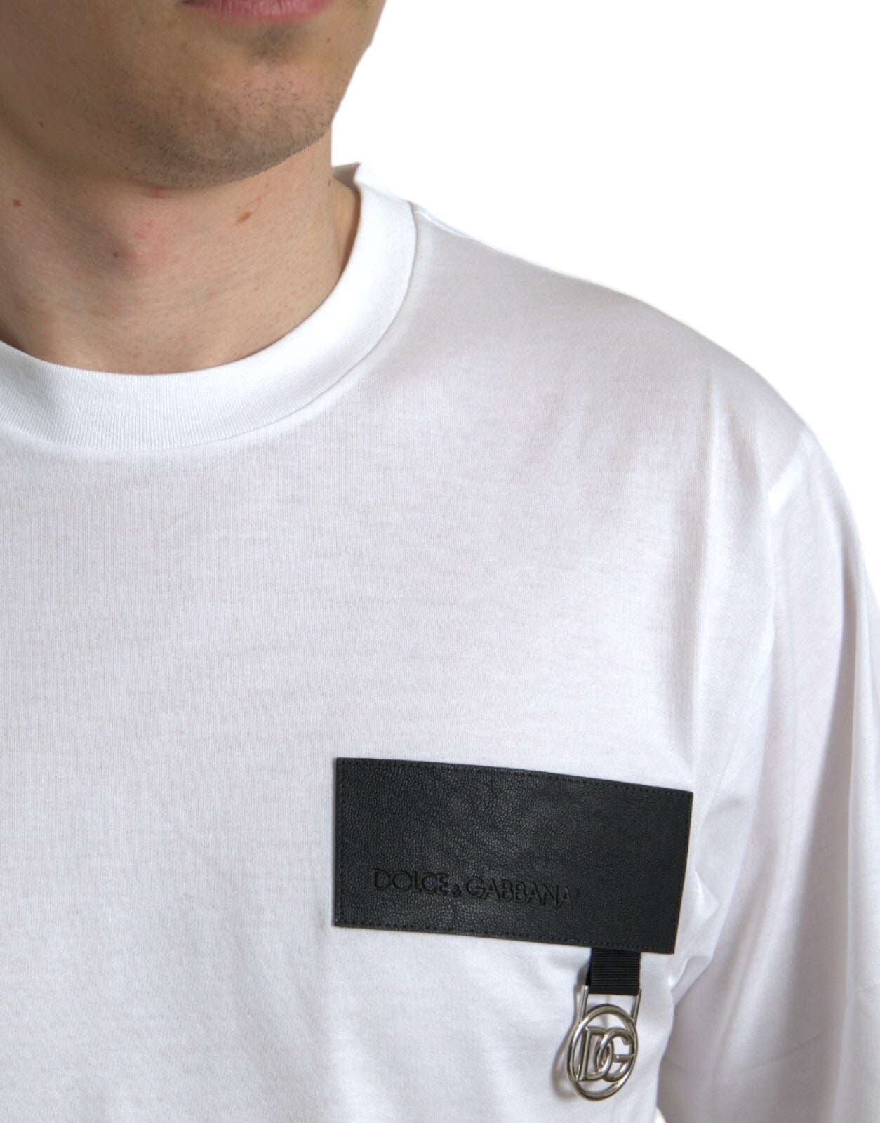 White t-shirt with black label on front