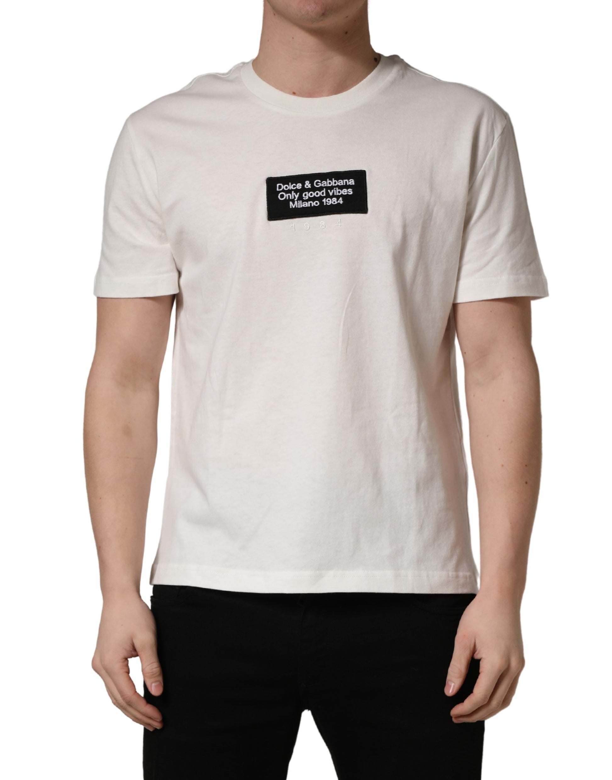White t-shirt with black text on front