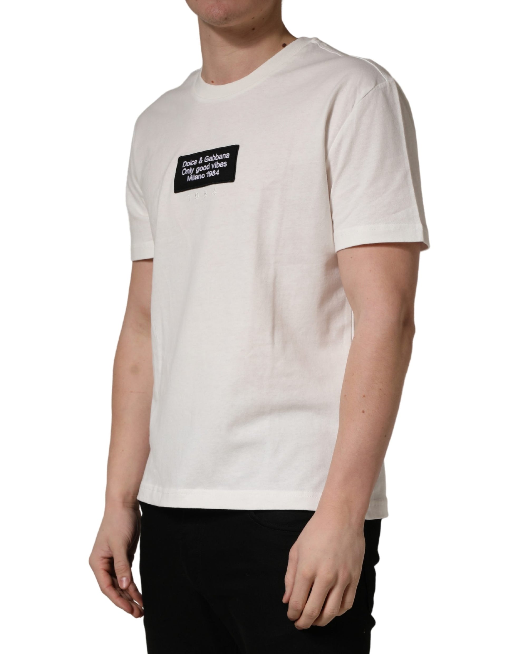 White t-shirt with black text on front