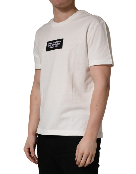 White t-shirt with black text on front