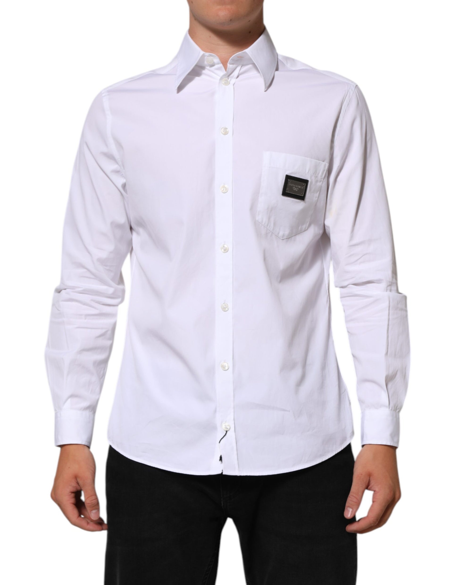 Men's white collared dress shirt with logo plaque on left chest