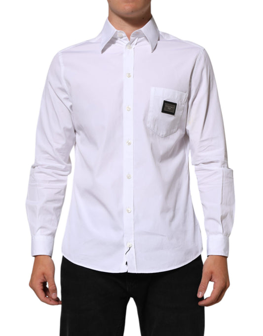Men's white collared dress shirt with logo plaque on left chest
