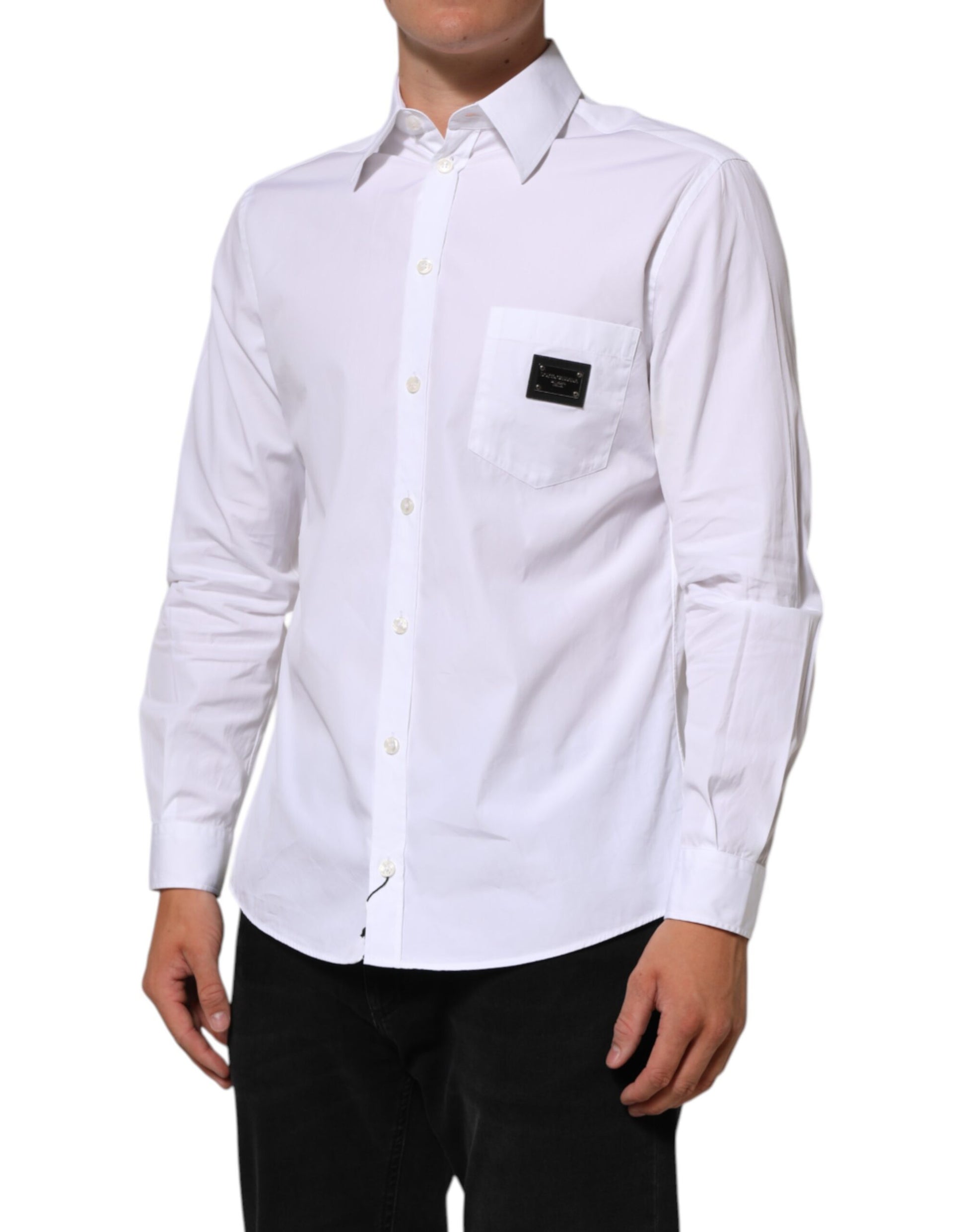Men's white collared shirt with logo plaque on left chest