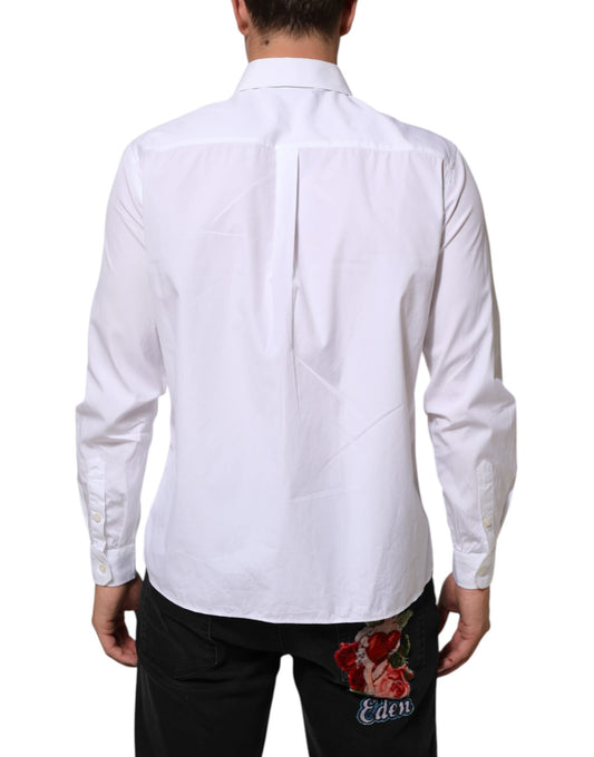 A white collared formal dress shirt with a logo plaque on the chest