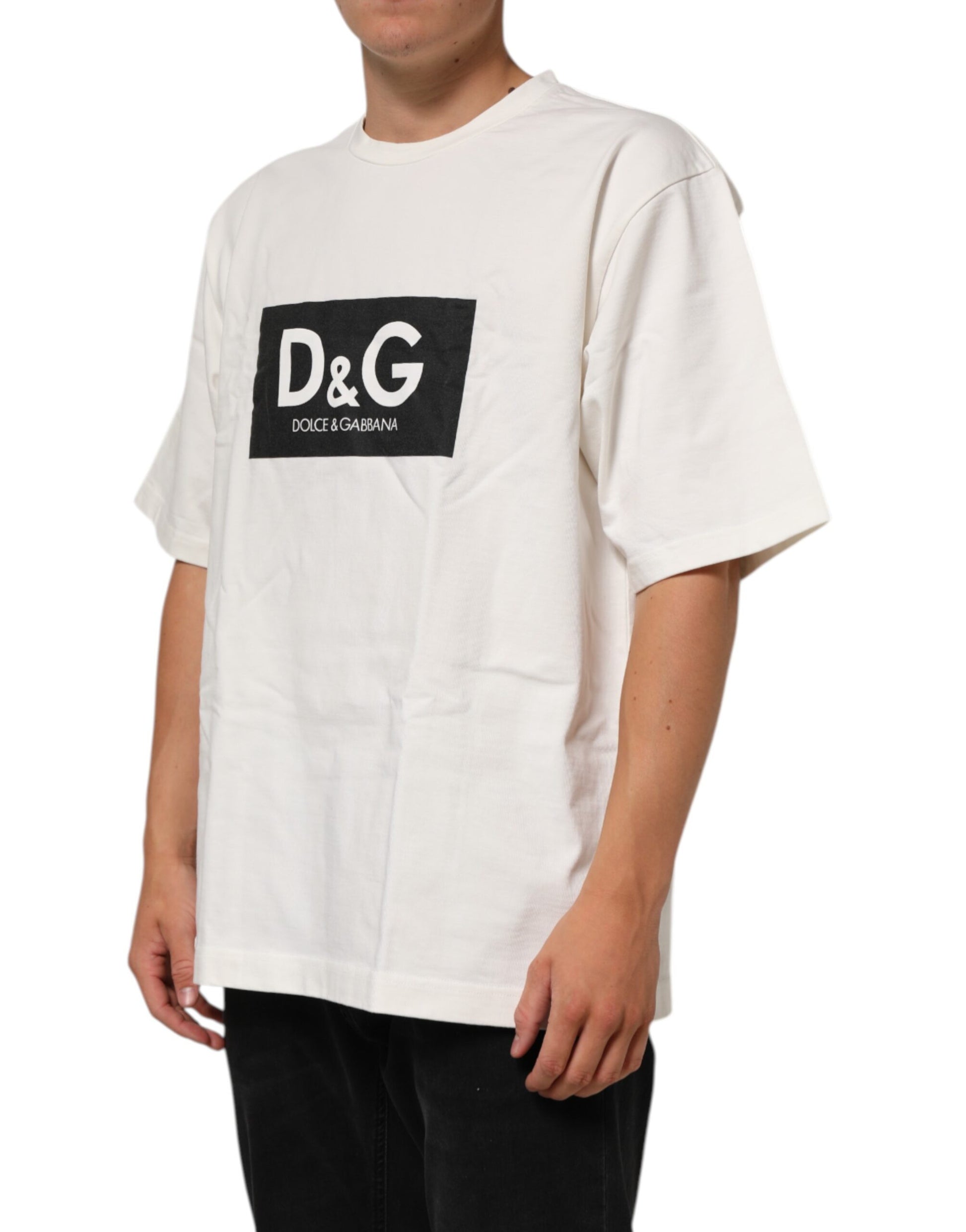 White t-shirt with black logo on front