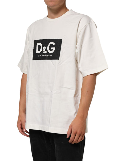 White t-shirt with black logo on front
