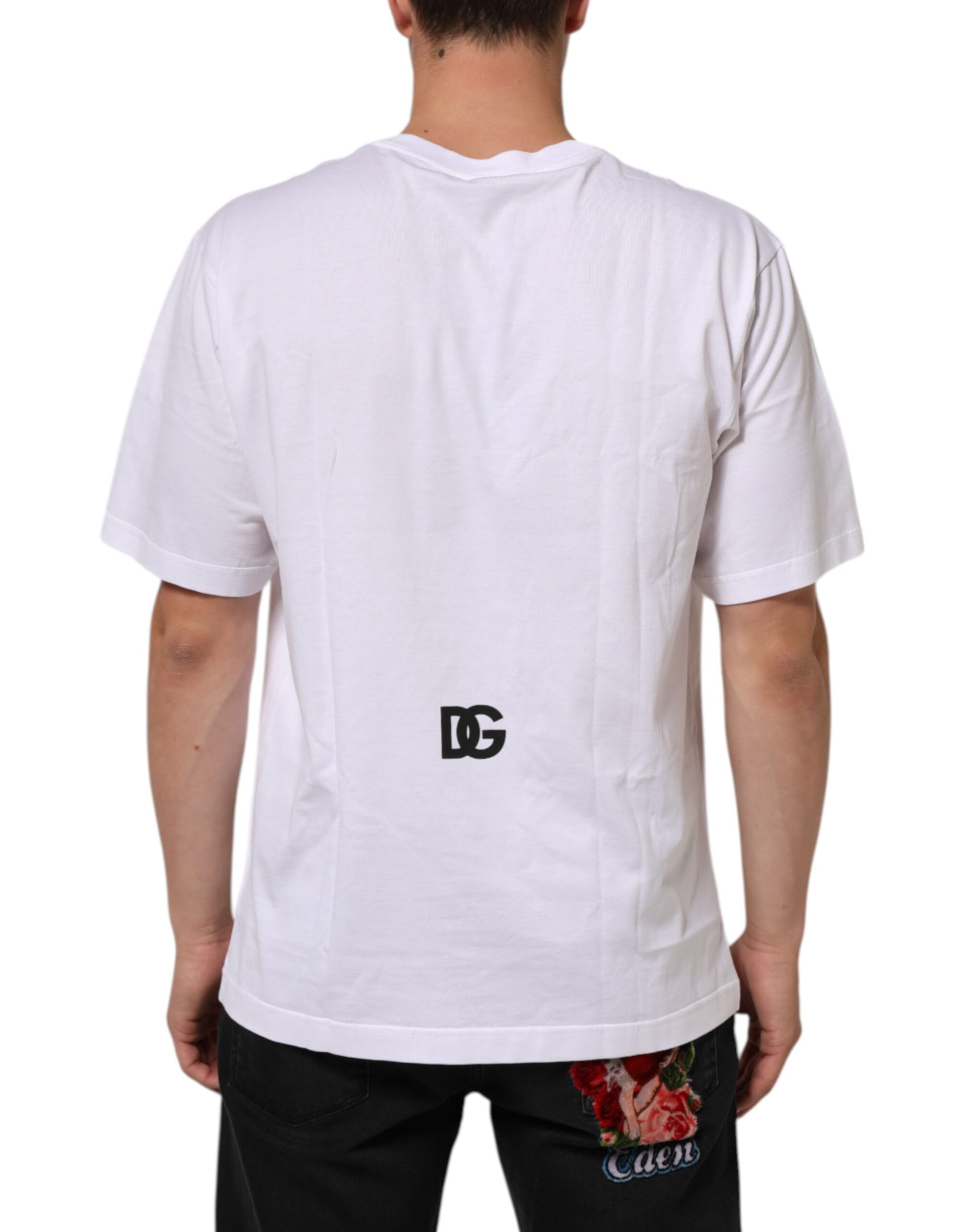 White t-shirt with black logo on back