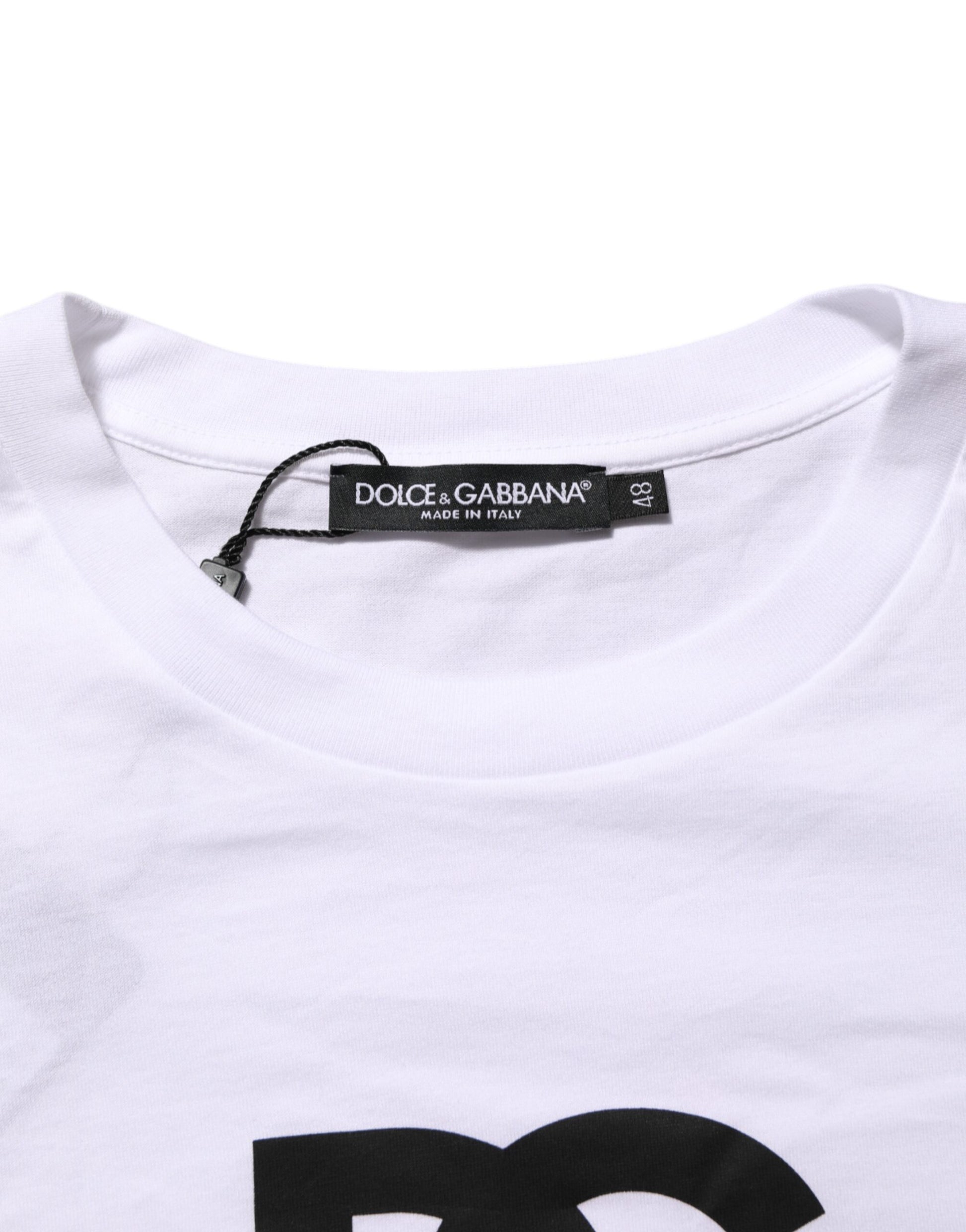 White t-shirt with black logo on front