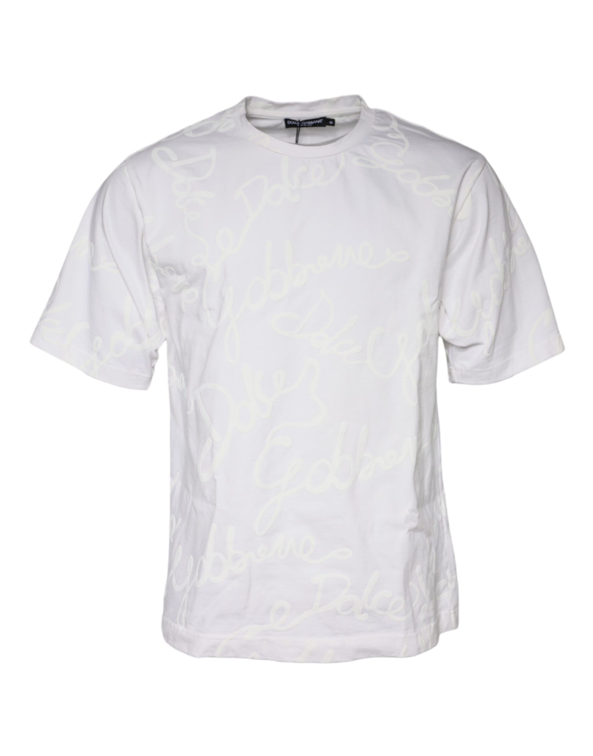 White short sleeved t-shirt with writing on front