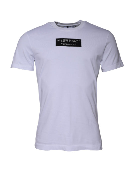 White short sleeved t-shirt with black text on front