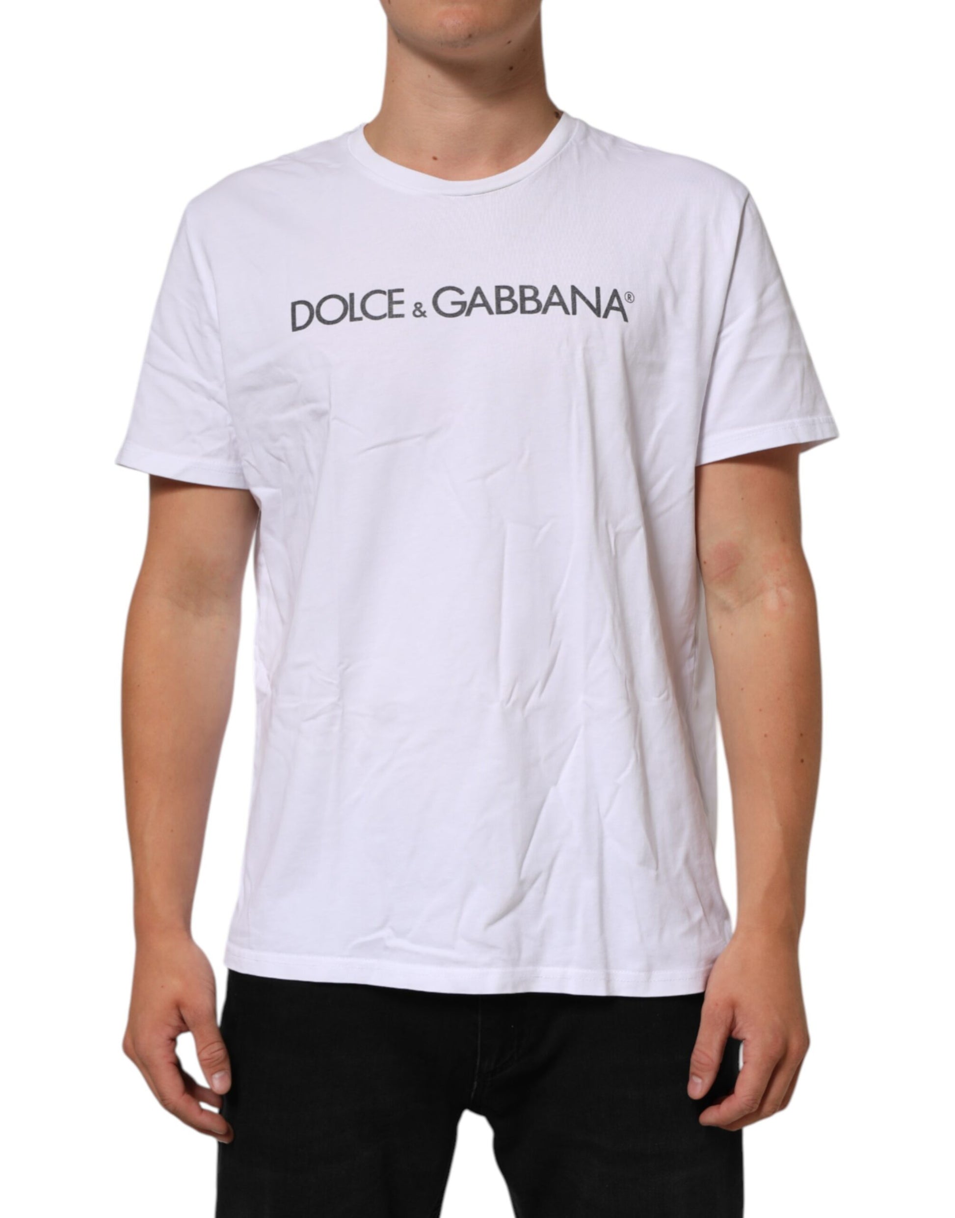 White t-shirt with black text